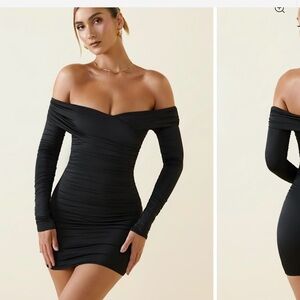 Oh Polly Black Off-Shoulder Ruched Mini Dress